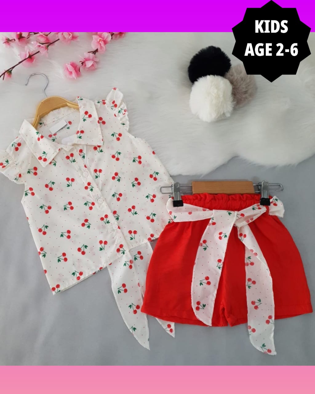 KIDS CHERRY BLOSSOM WHITE SHIRT AND RED SHORT SET KG0020