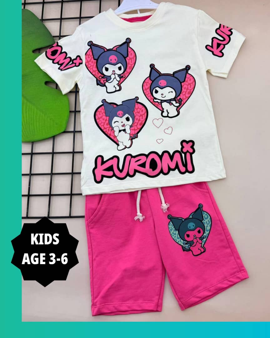 KIDS GIRLS PINK SHORT KUROMI KITTENS SET KG006