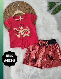 KIDS SUPER GIRLS RED SEQUENCE SKIRT SET KG002